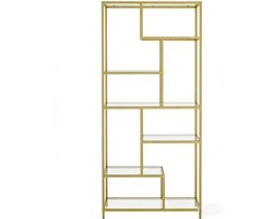 Boekenkast 6-laags opbergplank 30x80x180 cm goud met verstelbare voetjes en kantelbeveiliging stevige metalen frame met gehard glas planken geschikt voor studeerkamer woonkamer en slaapkamer