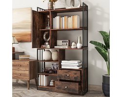 Boekenkast - 6 Planken - met Deuren en Lades - Industrieel Design - Staal en Hout - Antiek Bruin