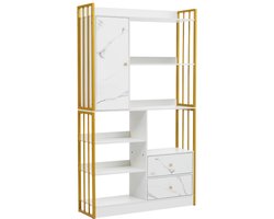 Boekenkast, 6 planken, verticale planken met deuren en laden, industriële planken, stalen planken, wit gemarmerd met gouden frame