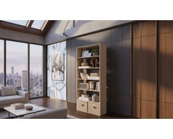 Boekenkast 6 Vakken House&Garden – Staand Open Opbergrek – Minimalistisch Houten Rek voor Woonkamer, Thuiskantoor en Eetkamer – Verstelbare Planken, Anti-Kantelset – Natuurlijk Beige
