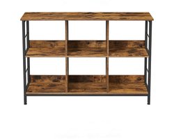 Boekenkast 6-vaks opbergrek TV-meubel bijzettafel 33×120×80cm Industrieel design vintage bruin-zwart Stevig metaal + spaanplaat Multifunctioneel voor kantoor, woonkamer en slaapkamer