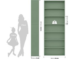Boekenkast 7 Vakken Casa Serena - Hoog Staand Opbergrek Groen, Multifunctionele Woonkamer, Kantoor & Slaapkamer Rek, Minimalistisch, Robuust & Ruimtebesparend, 209,5 x 60 x 23,5 cm