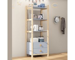 Boekenkast - 70x44x180 cm - 2 Lades en 4 Planken met Massief Houten Grepen - Grenenhout - Blauw/Naturel