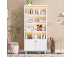 Boekenkast - 80x30x173 cm - Opbergkast met Ledverlichting - Massief Houten Poten - Hout - Wit