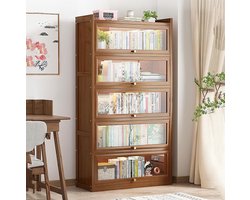 Boekenkast Bamboe - Houten Plank - Opbergen Boeken - Glazen Deuren - 4 Lagen - Houtkleur