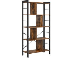 Boekenkast, boekenplank met 4 niveaus, vrijstaande plank, boekenkast, kantoorplank, industrieel ontwerp, voor woonkamer, kantoor, studeerkamer, groot, metalen frame, vintage bruin en zwart