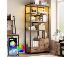 Boekenkast - Boekenrek - 78x40x172cm - Opbergkast - Wandkast - Vitrinekast - Stellingkast - Woonkamer Kast met LED Verlichting - 6 Niveaus, 6 Planken, 1 Lades en 1 Kastdeur - Industrieel Bruin Vintage & Zwart