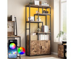 Boekenkast - Boekenrek - 80x30x174cm - Opbergkast - Wandkast - Vitrinekast - Stellingkast - Woonkamer Kast met LED Verlichting - 5 Niveaus, 3 Planken, 2 Lades & 1 Kastdeur - Industrieel Bruin Vintage & Zwart