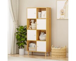 Boekenkast – Boekenrek – Opbergkast – Vakkenkast – Kast – Hout – 4 Deuren – 8 Vakjes – 64,5x30x140,5 cm – Vrijstaand Met Houten Poten