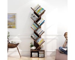 Boekenkast Boomvorm - 8 Niveaus - Met Opberglade - Vintage Bruin - Staande Boekenrek voor Woonkamer en Kantoor - Ruimtebesparend - 131 cm Hoog