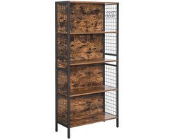Boekenkast, Bureaurek, Keukenrek, Staand Rek Met 4 Planken, 4 S-Haken, Voor Kantoor, Woonkamer, Werkkamer, Stalen Frame, İndustrieel Design, Vintage Bruin-Zwart