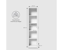 Boekenkast Casa Velluto – Smalle Multifunctionele Kast 40cm Breed x 180cm Hoog – 4 Verstelbare Legplanken – Opbergkast voor Boeken, Dossiers, Kantoor, Hal en Slaapkamer – Moderne Witte MDF Kast