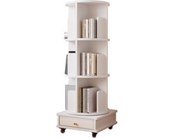 Boekenkast - Draaibare boekenkast op wieltjes Boekenkast met drie planken - Met lades Boekenrek Houten draaibare boekenkast Geschikt voor studeerkamer, slaapkamer of woonkamer Wit