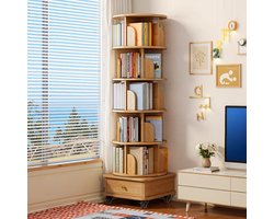 Boekenkast - Draaibare boekenkast - Opbergkast - Hoek boekenkast - 6 lagen - Ronde displaystandaard - 173x46x46 cm - Met wielen en lades - Geschikt voor studeerkamer, slaapkamer - Natuurlijke houtkleur