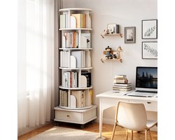 Boekenkast - Draaibare boekenkast - Opbergkast - Hoek boekenkast - 6 lagen - Ronde displaystandaard - 46x46x173 cm - Met wielen en lades - Geschikt voor studeerkamer, slaapkamer - Wit