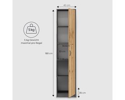 Boekenkast Garderobe Casa Velluto – Multifunctionele Smalle Kast 40cm Breed x 180cm Hoog – Verstelbare Planken, Opbergkast voor Slaapkamer, Hal, Kantoor & Kelder – Antraciet Houtlook