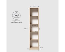 Boekenkast Garderobekast Casa Velluto – Smalle Multifunctionele Kast 40cm Breed x 180cm Hoog – 4 Verstelbare Planken – Opbergkast voor Kleding, Boeken, Dossiers – Sonoma MDF Kast voor Slaapkamer, Hal, Kantoor en Hobbyruimte