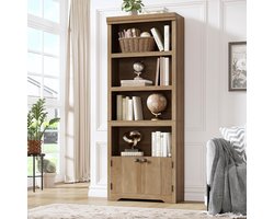 Boekenkast Hoog 5 Lagen met 2 Deuren - 60x29.5x174.5cm - Verstelbare En Uitneembare Planken - Vintage Open Opbergkast - Voor Kantoor Woonkamer - Bruin