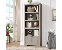 Boekenkast Hoog 5 Lagen met 2 Deuren - 60x29.5x174.5cm - Verstelbare En Uitneembare Planken - Vintage Open Opbergkast - Voor Kantoor Woonkamer - Grijs