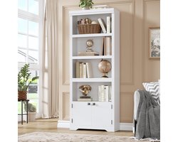 Boekenkast Hoog 5 Lagen met 2 Deuren - 60x29.5x174.5cm - Verstelbare En Uitneembare Planken - Vintage Open Opbergkast - Voor Kantoor Woonkamer - Wit