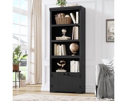 Boekenkast Hoog 5 Lagen met 2 Deuren - 60x29.5x174.5cm - Verstelbare En Uitneembare Planken - Vintage Open Opbergkast - Voor Kantoor Woonkamer - Zwart