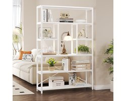 Boekenkast Hout Metaal – 6-laag Industrieel Wandrek – Modern Vrijstaand Opbergrek – Open Kast – Ruimteverdeler – Vintage Wit – 120×30×180 cm – HomeByNicole