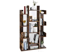 Boekenkast in boomvorm, archiefkast met 13 planken, staand rek hoeken, kantoorrek vrijstaand, wandrek decorrek voor presentatie & boeken, ruimteverdeler voor woonkamer & kantoor, vintage bruin