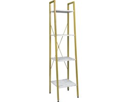 Boekenkast Industrieel - 4 Lagen - Wit/Goud - Marble Look - 34x35x148cm