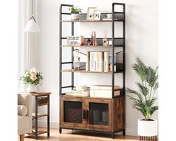 Boekenkast Industrieel 4 Niveaus - Met Gaasdeuren - Rustiek Hout 180 cm - Vintage voor Woonkamer Kantoor & Slaapkamer - Bruin Zwart