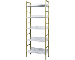 Boekenkast Industrieel - 5 Lagen - Marble Look - Wit/Goud - 60x27.5x160cm