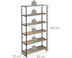 Boekenkast - industrieel - 6 vakken - 180 x 95 x 35 cm - bruin-zwart