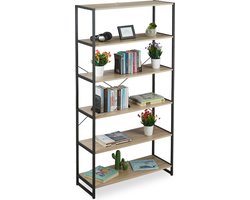 boekenkast - industrieel - 6 vakken - 180 x 95 x 35 cm - hoog - bruin-zwart