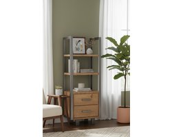 Boekenkast Industrieel Factory 120x40x180 cm – Mangohout met Grijs Metaal – Open Vakken en 2 Lades – Stoere Vintage Design Kast – Altameubel