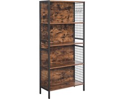 Boekenkast, kantooropbergrek, vitrinekast met 4 legplanken en S-vormige haken, stevig metalen frame, geschikt voor woonkamer, studio, slaapkamer, 74 x 30 x 155 cm, bruin en zwart.