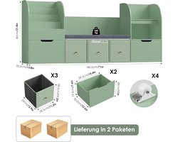 boekenkast-Kinderboekenkast met Zitbank en 5 Opbergvakken – Casa Velluto Kindermeubel Speelgoedrek en Organizer – Houten Kinderkast 180,5 x 35 x 80 cm – Groen – Veilig & Duurzaam