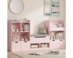 Boekenkast-Ladekast-kinderrek met zitbank-3 Opbergdozen voor speelgoed-boekenplank met 3 niveaus-183,5 x 94,5 x 29,8 cm- Roze.