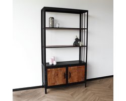 Boekenkast mangohout Blizy kast industrieel 180x100cm massief hout mango wandkast
