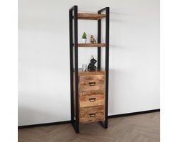Boekenkast mangohout Blizy kast industrieel 200cm hoog massief hout mango wandkast