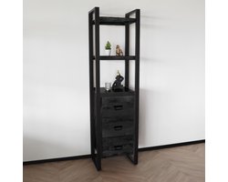 Boekenkast mangohout Blizy kast zwart industrieel 200cm hoog massief hout mango wandkast