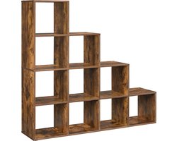 Boekenkast met 10 vakken, open rek, trappenrek, opbergsysteem voor decoratie, foto's, planten, woonkamer, slaapkamer, werkkamer, 29 x 129,5 x 129,5 cm, vintage bruin