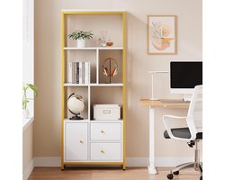 Boekenkast met 3 Lades - 4-Laags Open Vakkenkast - 60 x 30 x 160 cm - Metalen Frame & Hout - Wit met Goud - Opbergkast voor Kantoor, Woonkamer & Slaapkamer