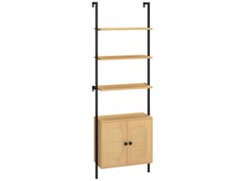 Boekenkast met 3 niveaus en rotan kast – Wandgemonteerde ladderkast 184 cm met verstelbare plank – Natuurlijk