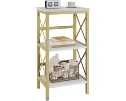 Boekenkast met 3 Niveaus, Opbergrek voor Planten en Magnetron, Stalen Frame voor Woonkamer, Keuken en Kantoor, 40×29×75CM, Wit Marmer en Goud