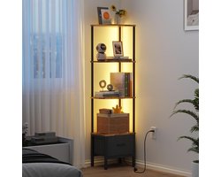 Boekenkast met 4 niveaus, rek met ledverlichting en stoffen lade, 147 cm smalle vitrine voor hoeken, woonkamer, slaapkamer, hoekplank, retrobruin
