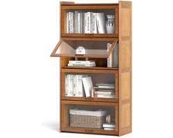Boekenkast met 4 vakken, 69 x 34 x 140 cm, Vitrinekast van bamboe en acryl, vrijstaande plank voor boeken, mappen en decoraties, plank met deuren (bruin)