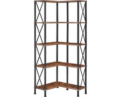 Boekenkast met 5 niveaus, industrieel groot hoekrek, L-vormig rek, hoog opbergrek, vloerstaand hoekrek, staand rek, voor woonkamer, slaapkamer, kantoor, vintage bruin