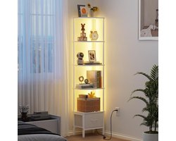 Boekenkast met 5 niveaus, rek met ledverlichting en stoffen lade, 172 cm smalle vitrine voor hoeken, woonkamer, slaapkamer, hoekplank, wit