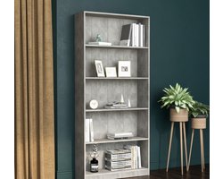 Boekenkast met 5 Planken 80x24x175 cm – Open Opbergkast Beton Grijs – Moderne Wandkast voor Woonkamer, Hal of Kantoor – Houten Boekenrek