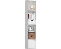 Boekenkast met 6 niveaus, in 3 standen verstelbaar, met lade, kastdeur, verstelbare plank, presentatieplank, wit