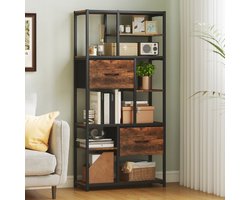 Boekenkast Met 9 Open Vakken En 2 Stoffen Lades – 72,5 X 30 X 150 Cm – Hout En Metaal – Rustiek Bruin Zwart – Industrieel Voor Woonkamer En Thuiswerkplek